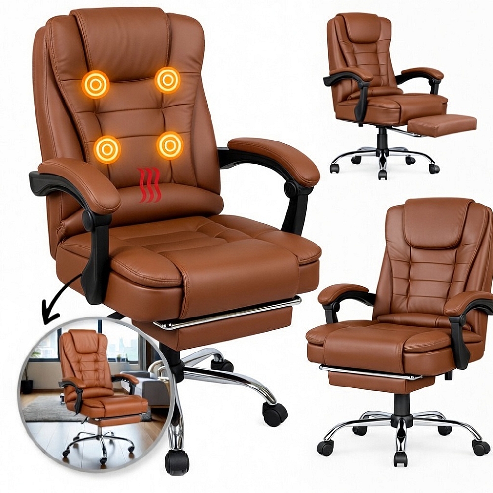 Офісне крісло Prime VIP Premium з масажною подушкою, з підніжкою Коричневе комп'ютерне крісло