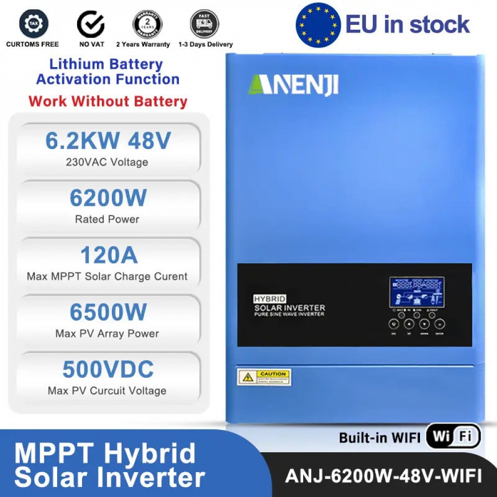 6,2 кВт Гібридний інвертор з WiFi-модулем Anenji ANJ-6200W-48V-WIFI з низьким рівнем шуму, 48V, 120А