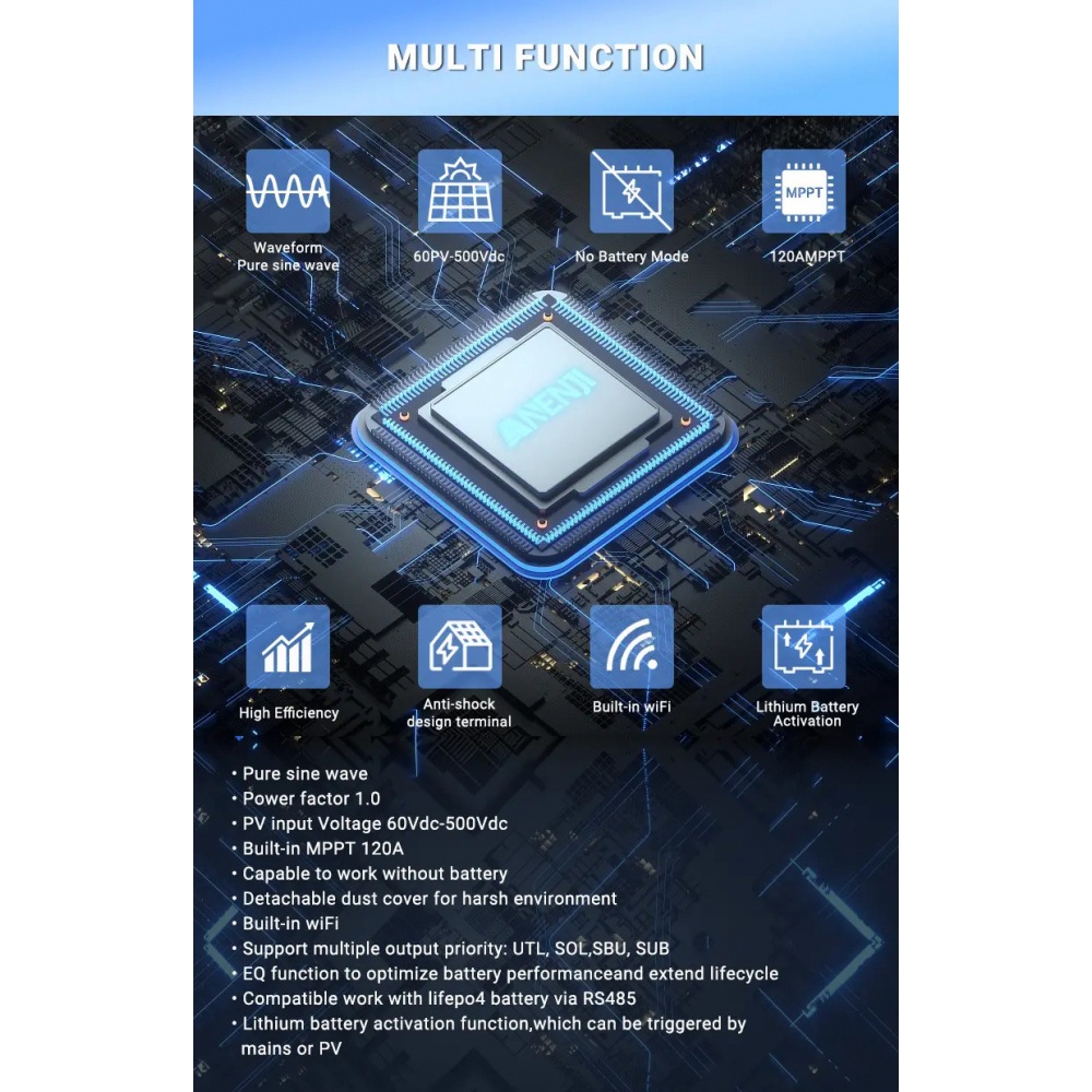 6,2 кВт Гібридний інвертор з WiFi-модулем Anenji ANJ-6200W-48V-WIFI з низьким рівнем шуму, 48V, 120А