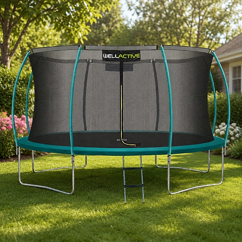 Батут WellActive 374 см до 150 кг з внутрішньою сіткою та драбинкою стрибковий Бірюзовий