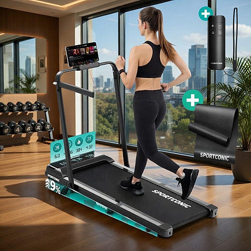 Бігова доріжка з регульованим кутом нахилу, до 12 км/год, до 110 кг Sportconic P106FA Pro з ручками, пультом + захисний килимок