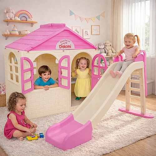 Дитячий набір ТМ Doloni Будиночок XL та гірка велика 243 см, молочно-рожевий