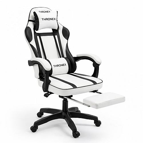 Дизайнерське геймерське крісло до 130 кг з масажною подушкою, підніжкою ThroneX біле з чорним PVC 002
