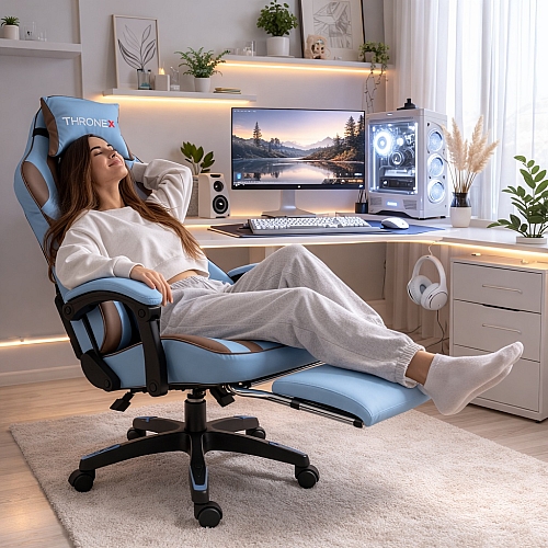 Дизайнерське геймерське крісло до 130 кг з масажною подушкою, підніжкою ThroneX блакитне з коричневим PVC 007