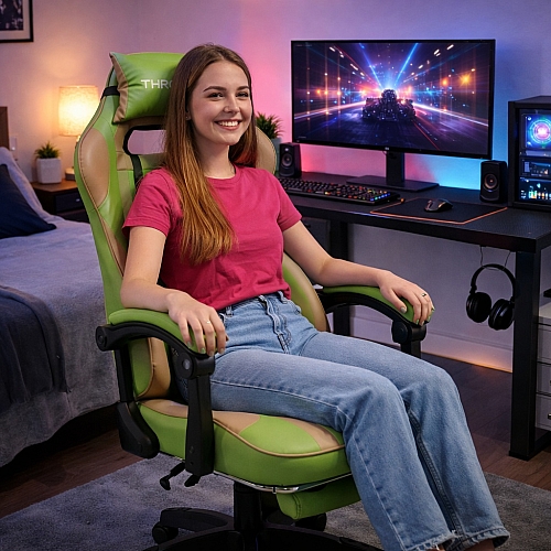 Дизайнерське геймерське крісло до 130 кг з масажною подушкою, підніжкою ThroneX cалатове з бежевим PVC 004