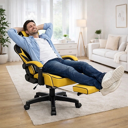 Дизайнерське геймерське крісло до 130 кг з масажною подушкою, підніжкою ThroneX жовте з чорним PVC 001