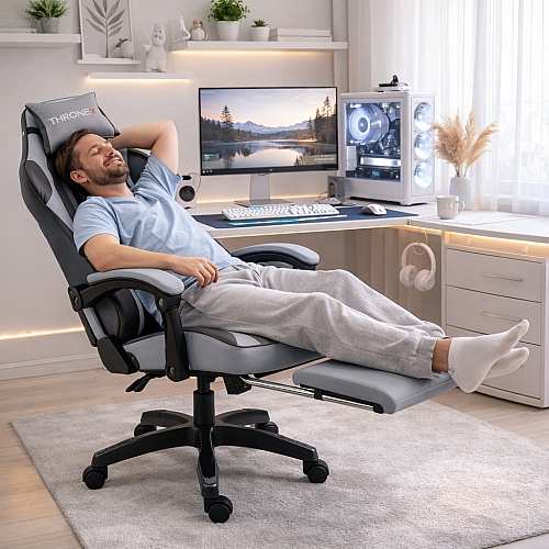 Дизайнерське геймерське крісло до 130 кг з масажною подушкою, підніжкою ThroneX світло-сіре з графітом PVC 003