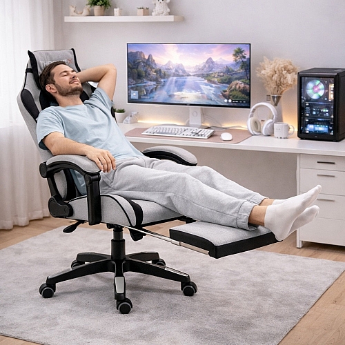 Дизайнерське геймерське крісло з тканини до 130 кг з масажною подушкою, підніжкою ThroneX сіре з чорним linen 001