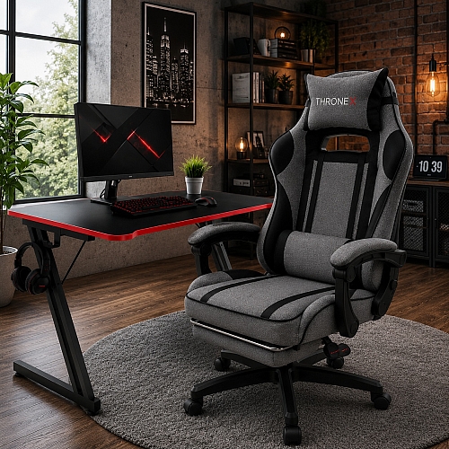 Комплект ThroneX Gaming Set: геймерське крісло з тканини темно-сіре та комп'ютерний стіл з червоними вставками (linen 008)