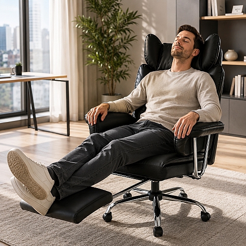 Офісне крісло Relax Pro до 150 кг з підставкою для ніг, широким сидінням, подвійним наповнювачем KO50CZ чорне комп'ютерне крісло