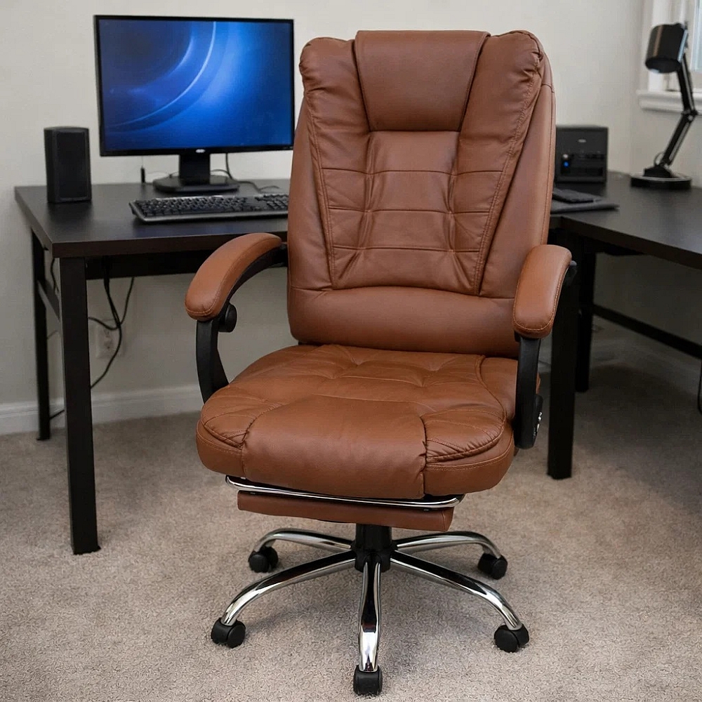 Офісне крісло Prime VIP Premium з масажною подушкою, з підніжкою Коричневе комп'ютерне крісло