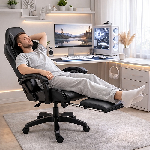 Оригінальне геймерське крісло до 130 кг з масажною подушкою, підніжкою ThroneX чорне 