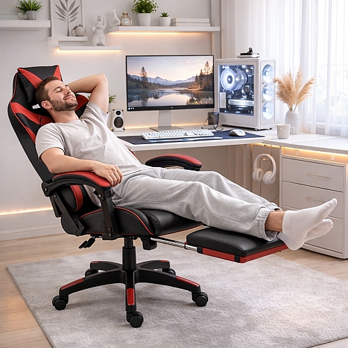 Оригінальне геймерське крісло до 130 кг з масажною подушкою, підніжкою ThroneX чорно-червоне