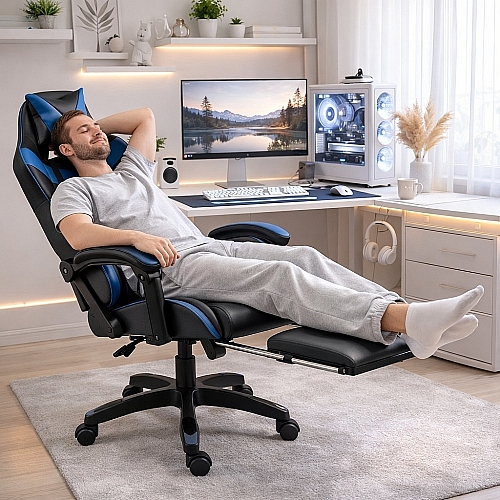 Оригінальне геймерське крісло до 130 кг з масажною подушкою, підніжкою ThroneX чорно-синє