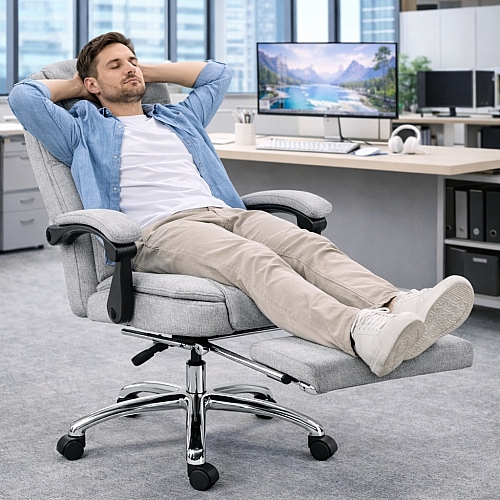 Оригінальне офісне крісло Axeon VIP з тканини, з масажем та підставкою для ніг, до 130 кг, світло-сіре