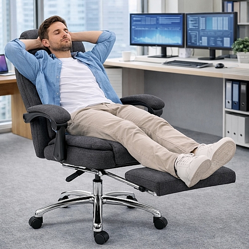 Оригінальне офісне крісло Axeon VIP з тканини, з масажем та підставкою для ніг, до 130 кг, темно-сіре