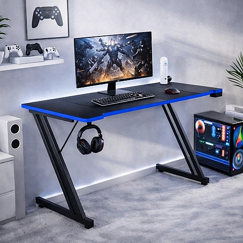 Оригінальний геймерський ігровий стіл ThroneX з карбоновим покриттям, гачком для навушників, підстаканником Чорний з синім Посилений