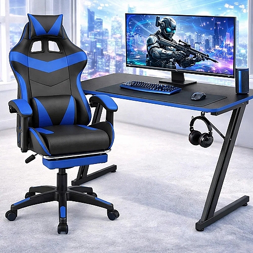 Оригінальний комплект геймерський ігровий стіл + геймерське крісло з масажною подушкою, підніжкою, ThroneX Чорний з синім