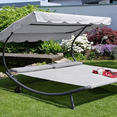 Садовий шезлонг двомісний з навісом Ecarla, до 220 кг, з підголівниками та коліщатами, світло-сірий