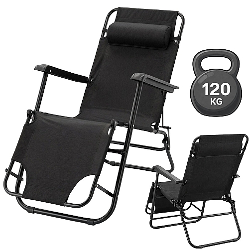 Шезлонг-лежак Axeon, до 120 кг, чорний, розкладний
