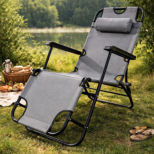 Шезлонг-лежак Axeon, до 120 кг, сірий, розкладний