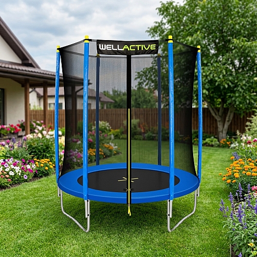 Батут WellActive 183 см до 100 кг з зовнішньою сіткою стрибковий Синій