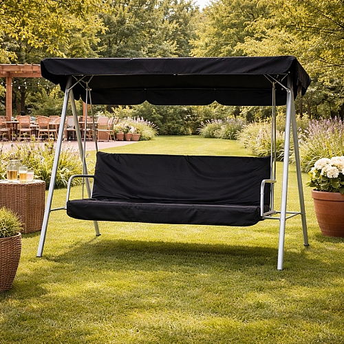 Садова гойдалка 3-місна Comfort Soft чорна, з матрацом, навісом, посилена до 260 кг, для саду та двору