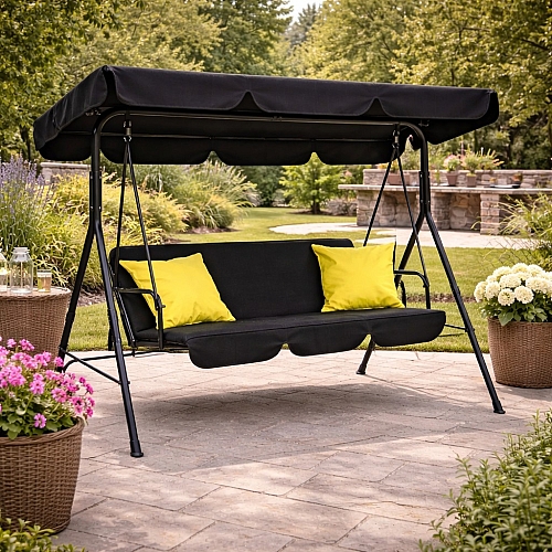 Садова гойдалка Comfort Lux 3-місна чорна з матрацом і навісом, 2 подушки в комплекті, до 260 кг, для дачі, саду та тераси