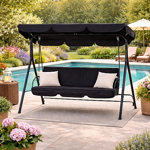 Садова гойдалка 3-місна з навісом, чорна, посилена до 160 кг, для дачі та саду, Comfort Base