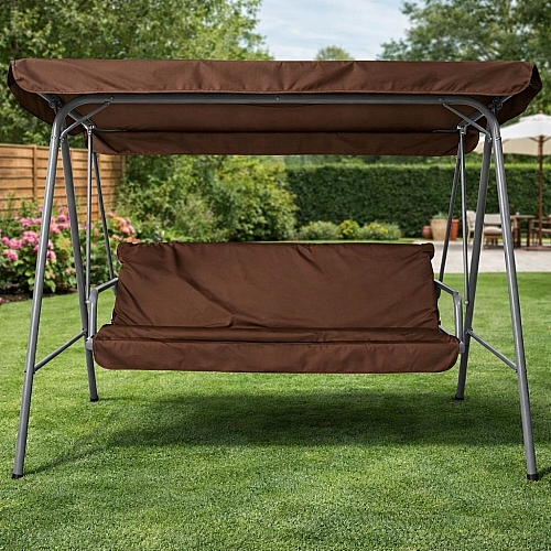 Садова гойдалка 3-місна Comfort Soft коричнева, з матрацом, навісом, посилена до 260 кг, для саду та двору