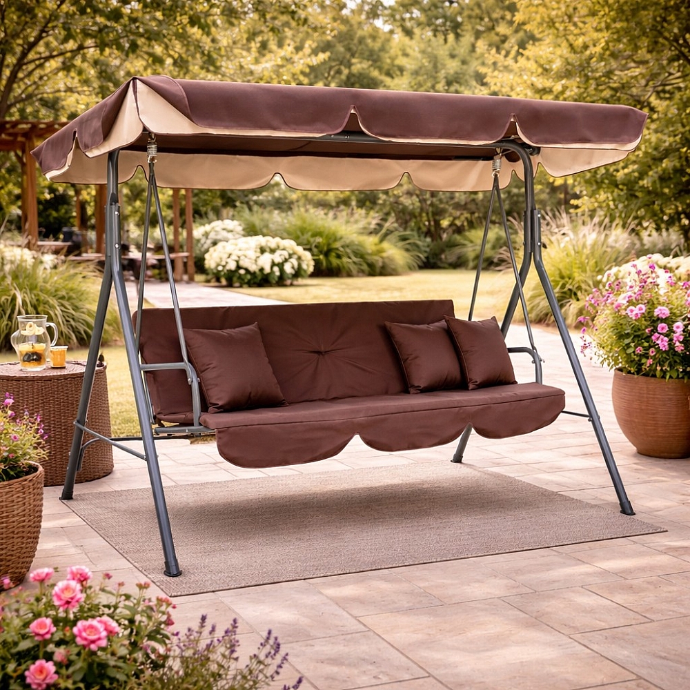 Садова гойдалка Comfort Lux 3-місна коричнева з матрацом і навісом, 2 подушки в комплекті, до 260 кг, для дачі, саду та тераси