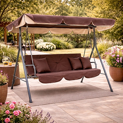 Садова гойдалка Comfort Lux 3-місна коричнева з матрацом і навісом, 2 подушки в комплекті, до 260 кг, для дачі, саду та тераси