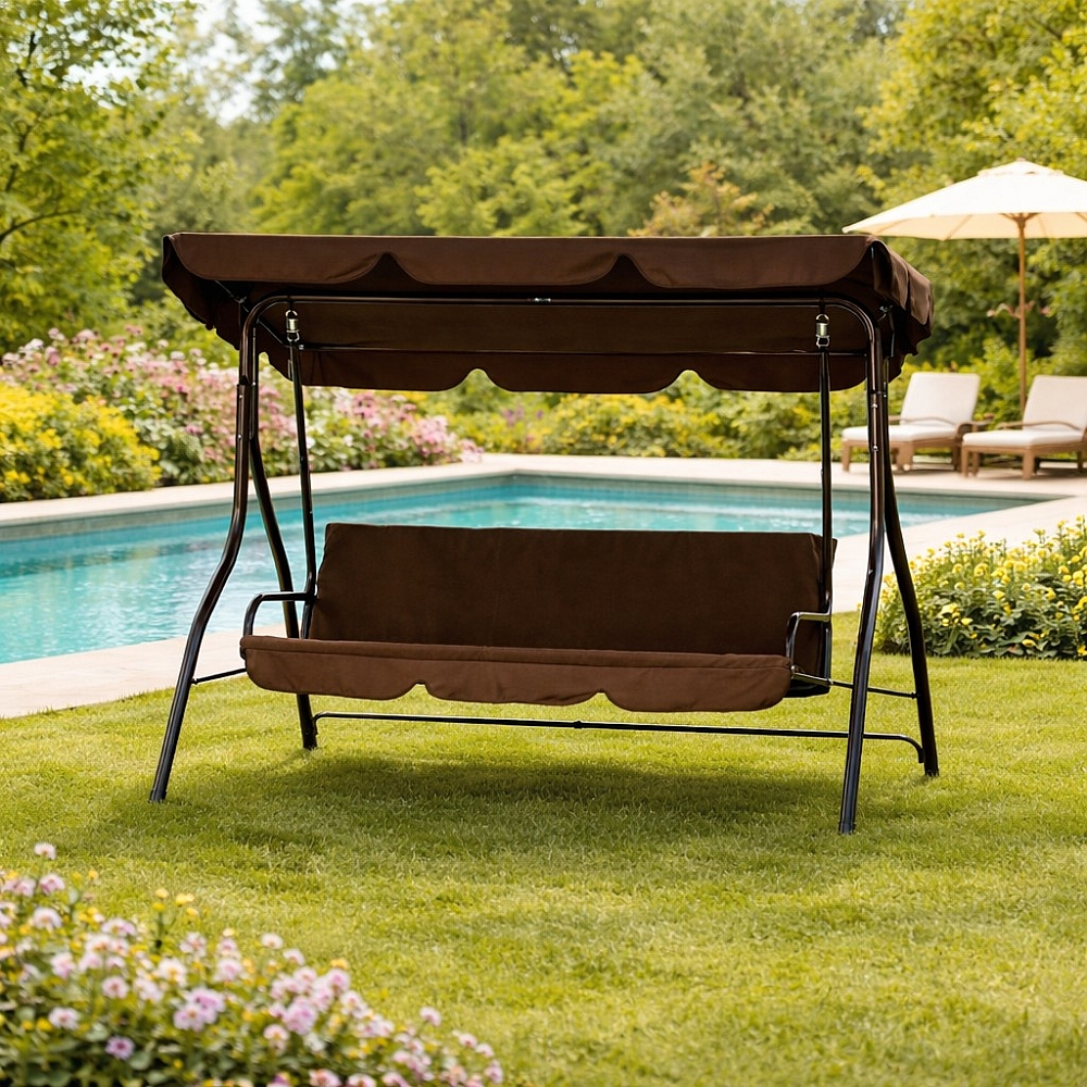 Садова гойдалка 3-місна коричнева з навісом, посилена до 160 кг, для дачі та саду Comfort Base
