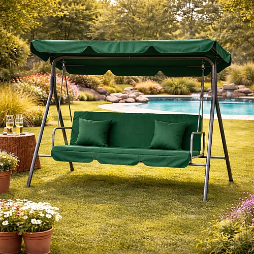 Садова гойдалка Comfort Lux 3-місна зелена з матрацом і навісом, 2 подушки в комплекті, до 260 кг, для дачі, саду та тераси