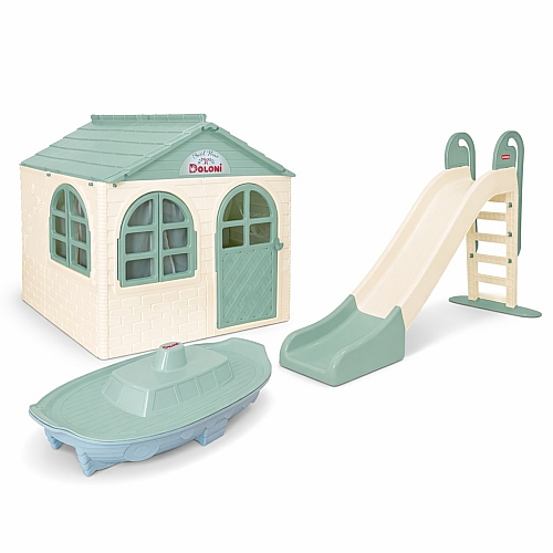 Великий ігровий майданчик ТМ Doloni Будиночок XL, гірка велика 243 см, пісочниця, молочно-м’ятного кольору