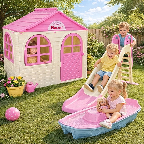 Дитячий набір ТМ Doloni Будиночок XL, пісочниця та гірка велика 243 см, молочно-рожевий