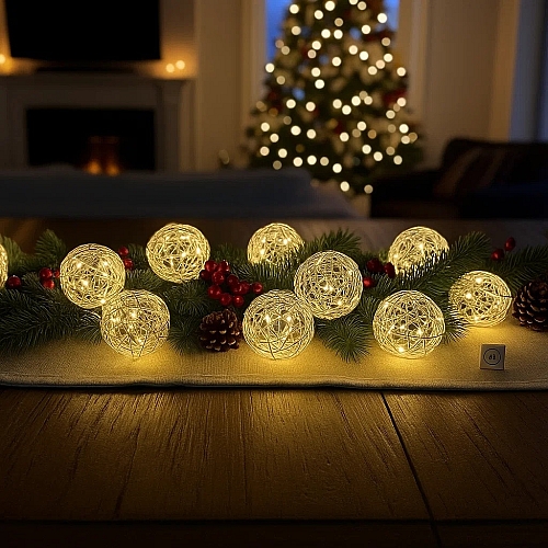 Світлодіодна гірлянда на батарейках Oecolux Christmas срібні кульки, тепле біле світло, плетіння