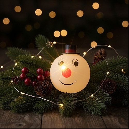 Декоративна ялинкова іграшка-куля Сніговик з миготливим носом LightZone
