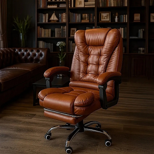 Крісло для директора з екошкіри з масажною подушкою та підніжкою, коричневе