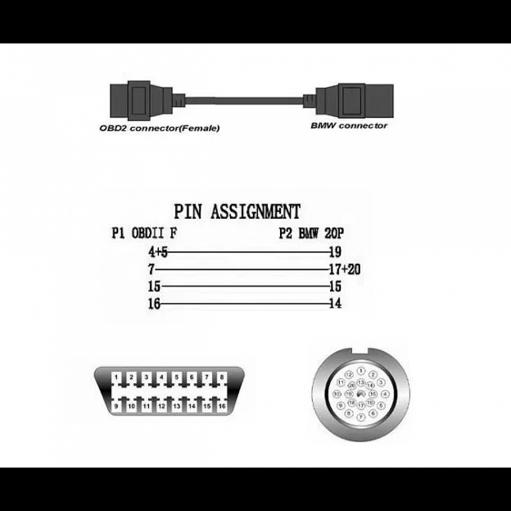 Перехідник для BMW 20pin -> OBD2 16 пін новий під сканер кодів ОБД2 Перехідник для BMW 20pin -> OBD2 16 пін новий під сканер кодів ОБД2