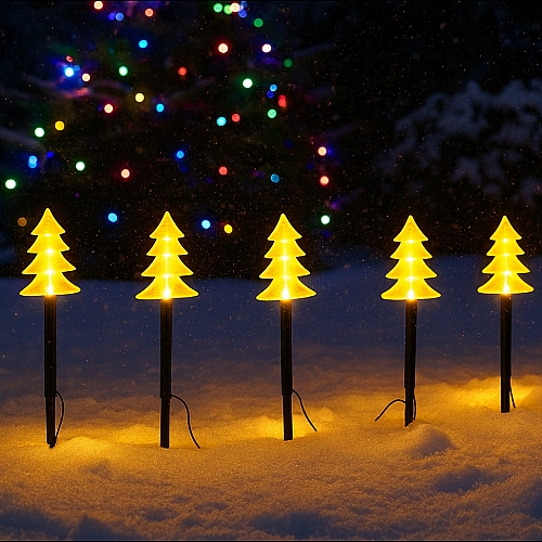Набір садових світильників Ялинки 5шт. LED, таймер 6 годин, теплий білий