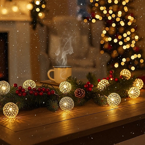 Світлодіодна гірлянда на батарейках Oecolux LED Tischdekoration Antik-Kugel срібні кульки, тепле біле світло