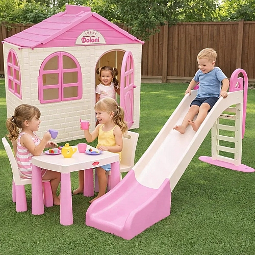 Дитячий набір ТМ Doloni Будиночок XL, гірка велика 243 см, стіл та два стільці, рожево-молочний