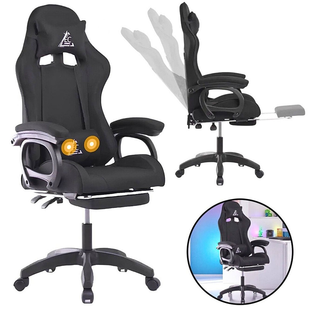 Геймерське крісло з масажною подушкою, підніжкою та тканинною оббивкою SNAKE Premium Чорне Комп'ютерне ігрове