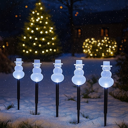 Набір садових світильників Сніговики 5шт. LED, батарейки, таймер 6 годин, холодний білий