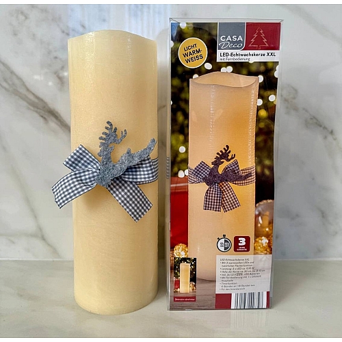 Електрична декоративна свічка 31 см з оленем та бантом, на батарейках, таймер 6 ч