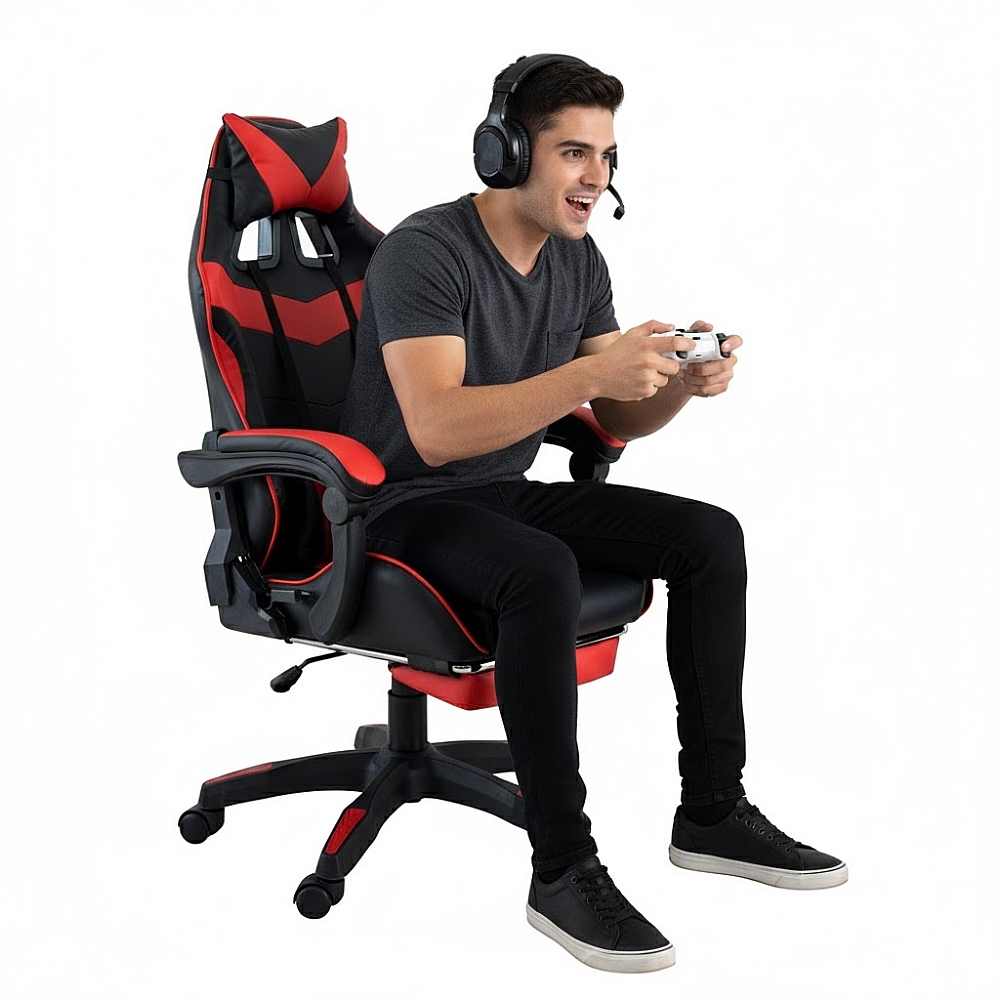 Крісло геймерське VicoGame професійне з підставкою для ніг, чорно-червоне