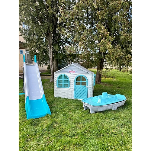 Набір дитячий ТМ Doloni Будиночок XL, пісочниця, гірка велика 243 см, сіро-блакитний