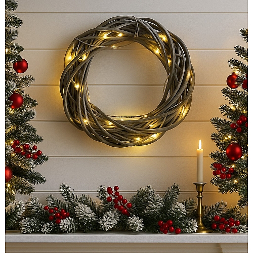 Декоративний LED-віночок, с таймером 6 годин, на батарейках, різдвяна прикраса