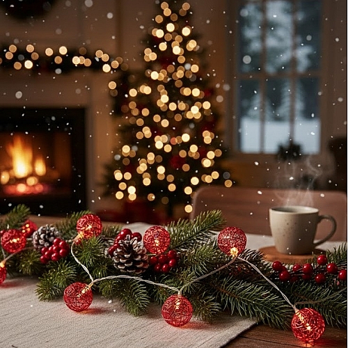 Світлодіодна гірлянда на батарейках Oecolux Metallkugel Mikro-Lichterkette, тепле біле світло, червноні кульки